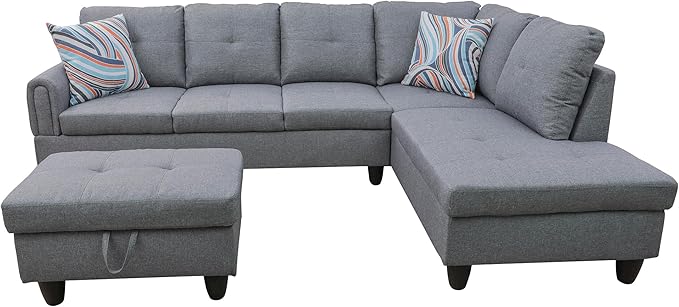 ROOMTEC Button Modern L Shape Sectional Sofa Set, Upholstered Corner Couch with Storage Ottoman, Linen Tufted Cushions, for Living Room, Apartment, 97inch, Grey w/Right Chaise Lounge - LeafyLoom