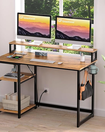 GreenForest Computer Desk with USB Charging Port and Power Outlet, Reversible Home Office Desk with Monitor Stand and Storage Shelves, 40 inch Work Desk with Cup Holder and Hook, Walnut - LeafyLoom