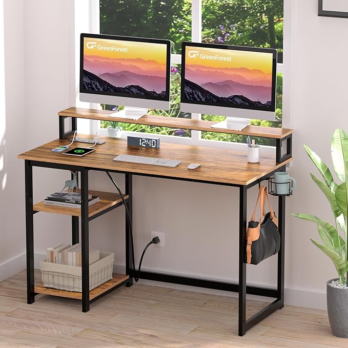 GreenForest Computer Desk with USB Charging Port and Power Outlet, Reversible Home Office Desk with Monitor Stand and Storage Shelves, 40 inch Work Desk with Cup Holder and Hook, Walnut - LeafyLoom