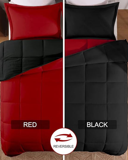 Basic Beyond King Size Comforter Set - Fluffy King Bed Comforter Set for All Seasons - Reversible Red Comforter Set King - 3 Pieces (1 Comforter + 2 Pillow Shams) - Red/Black - LeafyLoom