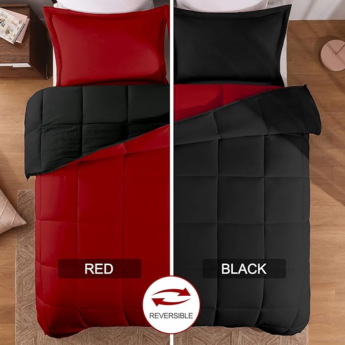 Basic Beyond King Size Comforter Set - Fluffy King Bed Comforter Set for All Seasons - Reversible Red Comforter Set King - 3 Pieces (1 Comforter + 2 Pillow Shams) - Red/Black - LeafyLoom