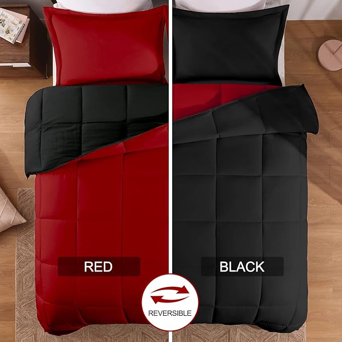 Basic Beyond Twin Comforter Set for Girls and Boys - Fluffy Twin Bed Comforter Set for All Seasons - Reversible Kids Twin Comforter Set - 2 Pieces (1 Comforter + 1 Pillow Sham) - Red/Black - LeafyLoom