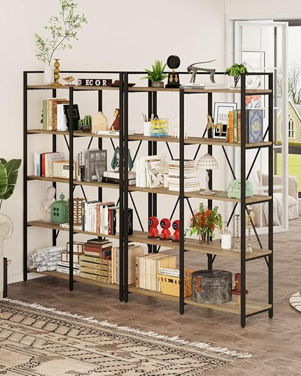 BON AUGURE Industrial Bookshelves and Bookcases, 5 Tier Heavy Duty Etagere Shelving Unit, Farmhouse Rustic Wood Metal Book Shelves for Office, Living Room and Bedroom (Vintage Oak, 43.31 inch Wide) - LeafyLoom
