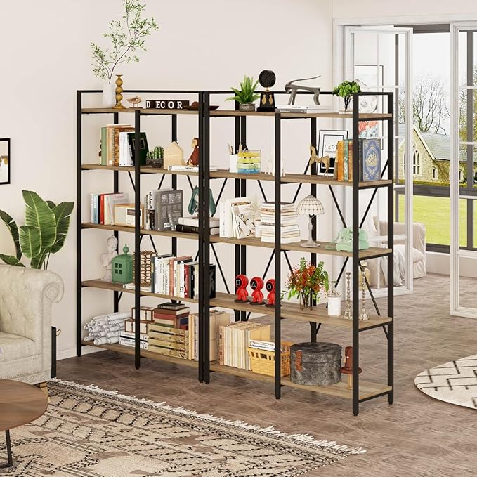 BON AUGURE Industrial Bookshelves and Bookcases, 5 Tier Heavy Duty Etagere Shelving Unit, Farmhouse Rustic Wood Metal Book Shelves for Office, Living Room and Bedroom (Vintage Oak, 43.31 inch Wide) - LeafyLoom