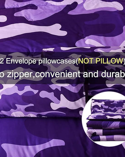 Meeting Story Camouflage Bedding Set, Colorful Pattern Queen Camouflage Comforter Set, 3 PCS One Comforter and Two Pillowcases in One Bag, All Season Bedspread for Teens Adults (Purple, King) - LeafyLoom