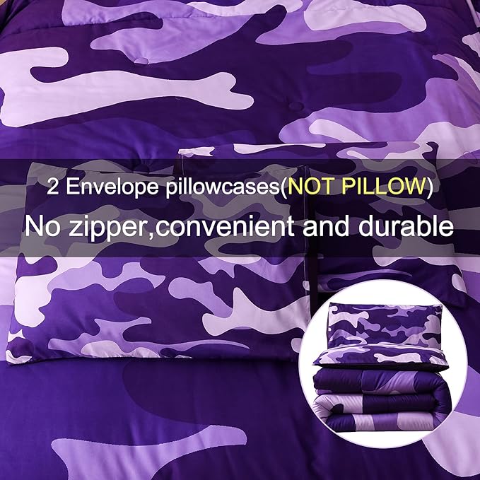 Meeting Story Camouflage Bedding Set, Purple Camouflage Comforter Set, 3 PCS One Comforter and Two Pillowcases, Lightweight Bedspread for Girls Teens Adults (Purple, Queen) - LeafyLoom