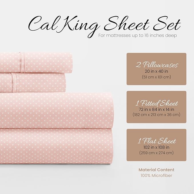Linen Market 4 Piece California King Bedding Sheet Set (Pink Hearts) - Sleep Better Than Ever with These Ultra-Soft Cooling Bed Sheets for Your California King Size Bed - Deep Pocket Fits 16" Mattress - LeafyLoom