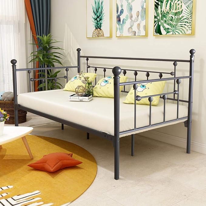 Metal Daybed Frame Twin Metal Slats Platform Base Box Spring Replacement Bed Sofa for Living Room Guest Room (Twin, Black Sanded) - LeafyLoom