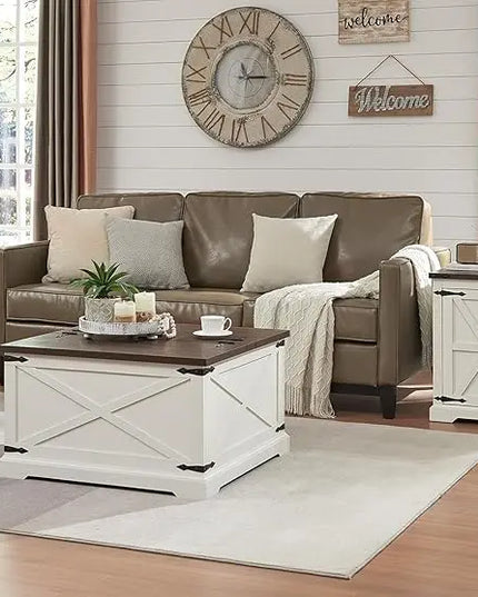 Farmhouse Square Coffee Table with Storage, Wood Center Table with Hinged Lift Top, Rustic Cocktail Table with Large Hidden Storage Compartment for Living Room, Bedroom,White - LeafyLoom