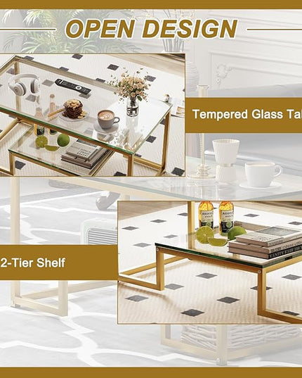 Coffee Table Gold Glass Coffee Table for Living Room,2 Tiers Rectangle Center Table with Sturdy Metal Frame,Modern Tempered Glass Accent Table for Bedroom Home Office - LeafyLoom