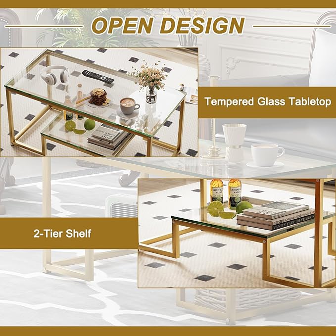 Coffee Table Gold Glass Coffee Table for Living Room,2 Tiers Rectangle Center Table with Sturdy Metal Frame,Modern Tempered Glass Accent Table for Bedroom Home Office - LeafyLoom