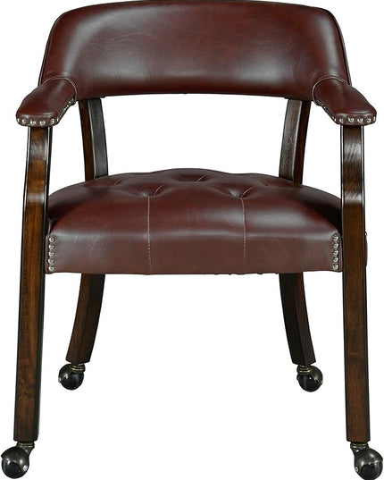 Dining Chairs with Casters and Arm, Large Rolling Dining Chairs with Wheel, Poker Table Chairs, Boss Caption's Chairs, 26"D x 25.2"W x 31.5"H, Espresso Legs & Wine Red Brown PU, XXY-1910-WR - LeafyLoom