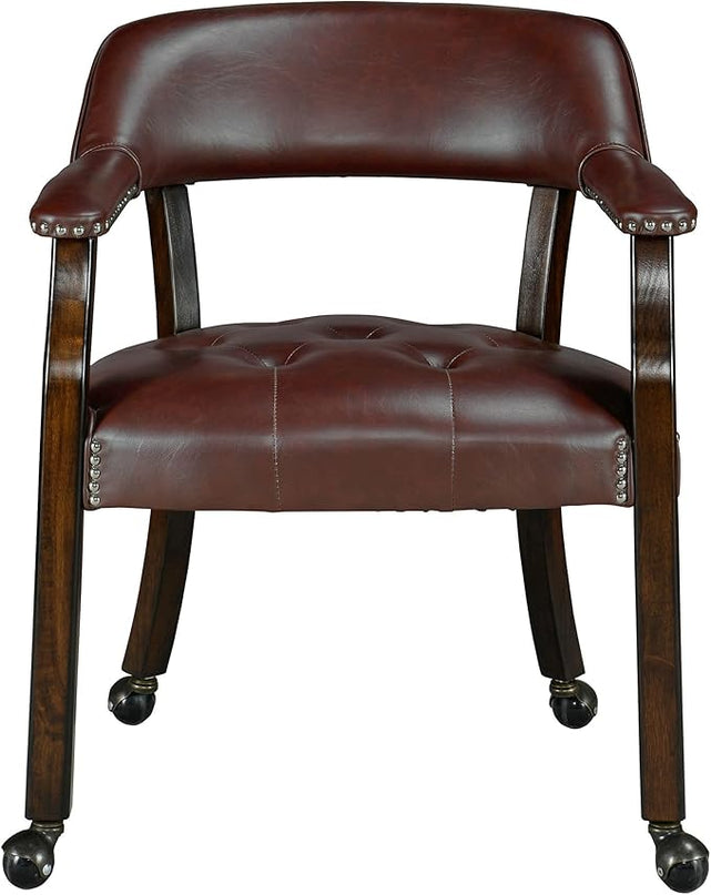 Dining Chairs with Casters and Arm, Large Rolling Dining Chairs with Wheel, Poker Table Chairs, Boss Caption's Chairs, 26"D x 25.2"W x 31.5"H, Espresso Legs & Wine Red Brown PU, XXY-1910-WR - LeafyLoom