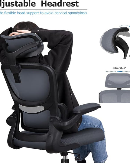 Ergonomic Office Chair, High Back Mesh Desk Chair with Lumbar Support and Adjustable Headrest, Computer Gaming Chair with Flip-up Armrests, Executive Swivel Chair for Home Office (DarkGray) - LeafyLoom