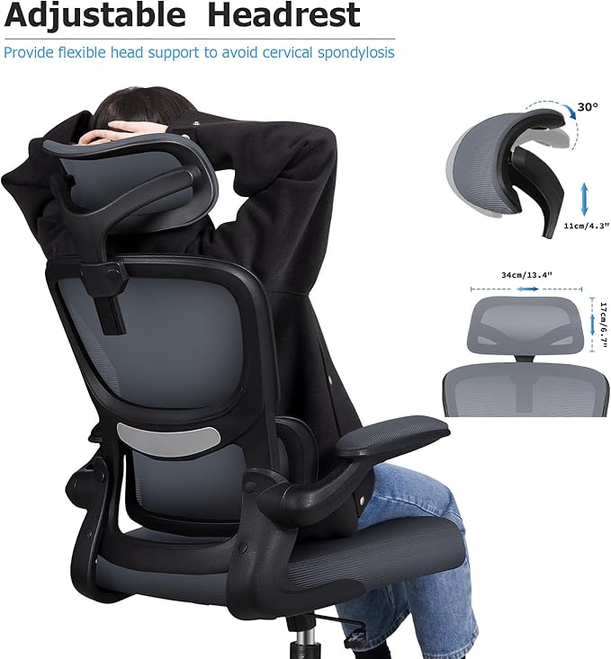 Ergonomic Office Chair, High Back Mesh Desk Chair with Lumbar Support and Adjustable Headrest, Computer Gaming Chair with Flip-up Armrests, Executive Swivel Chair for Home Office (DarkGray) - LeafyLoom