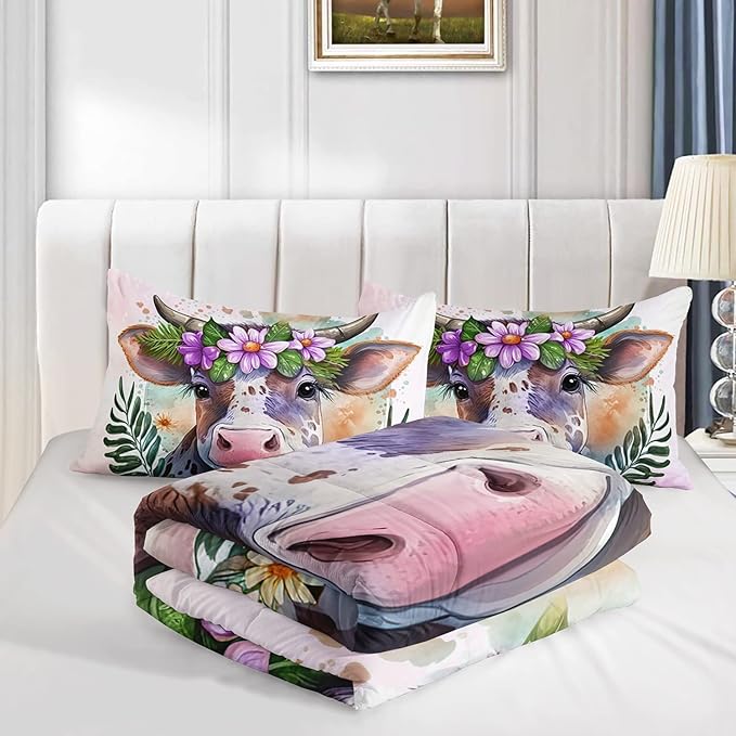 CVHOUSE Kawaii Cow Comforter Set Queen Size,Cute Pink Cow Bedding Set for Girls Kids,Kawaii Cow Quilt Set Pink Cow Duvet Set Girl's Bedroom Decor 3 Pieces - LeafyLoom