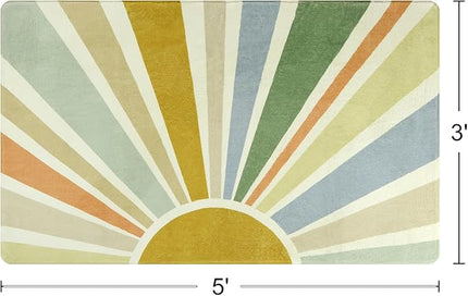 Boho Washable Rug 3'x5' Rug Kids Area Rug for Playroom, Colorful Kids Rug for Bedroom, Non-Slip Throw Sun Carpet Soft Small Sunshine Rug for Office Nursery Entryway Dorm - LeafyLoom