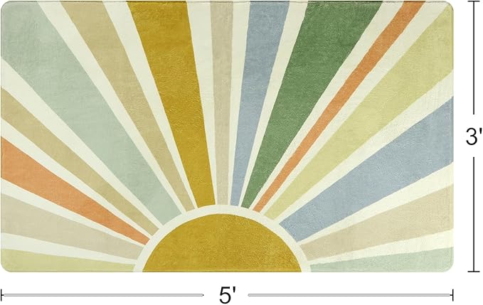 Boho Washable Rug 3'x5' Rug Kids Area Rug for Playroom, Colorful Kids Rug for Bedroom, Non-Slip Throw Sun Carpet Soft Small Sunshine Rug for Office Nursery Entryway Dorm - LeafyLoom