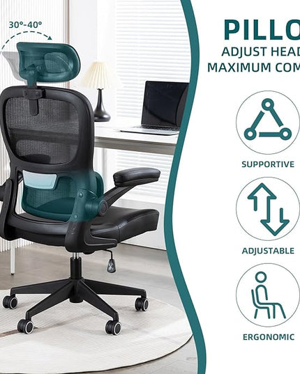 Home Office Chair High Back Computer Desk Chair Ergonomic Task Chair Executive Chair with Lumbar Support Recliner Chair with Adjustable Headrest,Flip-up Armrests (Black with Nylon Base) - LeafyLoom
