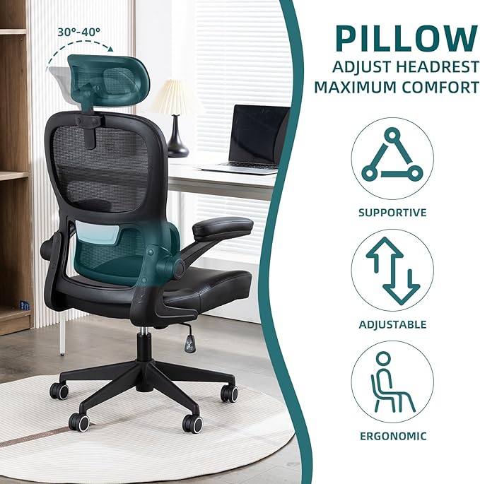 Home Office Chair High Back Computer Desk Chair Ergonomic Task Chair Executive Chair with Lumbar Support Recliner Chair with Adjustable Headrest,Flip-up Armrests (Black with Nylon Base) - LeafyLoom