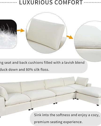 176.4 inch Oversized Sectional Sofa with Removable Ottoman, 5-Seater L Shaped Modular Corner Couch for Living Room, Office, Spacious Space, Beige - LeafyLoom