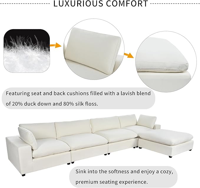 176.4 inch Oversized Sectional Sofa with Removable Ottoman, 5-Seater L Shaped Modular Corner Couch for Living Room, Office, Spacious Space, Beige - LeafyLoom