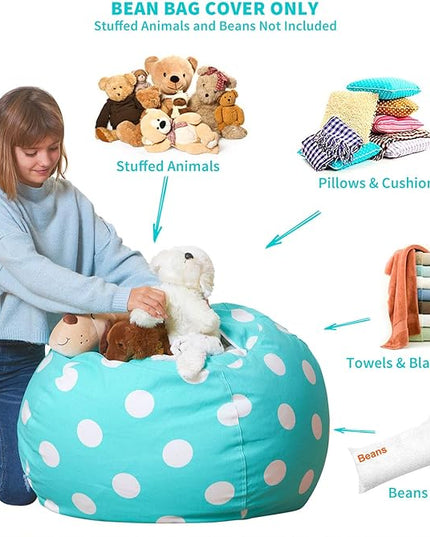 Aubliss Stuffed Animal Bean Bag Storage Chair, Beanbag Covers Only for Organizing Plush Toys, Turns into Bean Bag Seat for Kids When Filled, Large 38"-Canvas Dot Light aqua - LeafyLoom