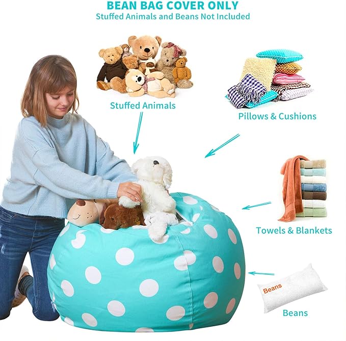 Aubliss Stuffed Animal Bean Bag Storage Chair, Beanbag Covers Only for Organizing Plush Toys, Turns into Bean Bag Seat for Kids When Filled, Large 38"-Canvas Dot Light aqua - LeafyLoom