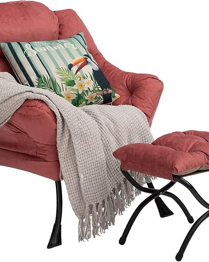 AbocoFur Fabric Lazy Chair with Foldable Ottoman, Accent Comfy Lounge Arm Chair and Folding Footrest Stool Set, Leisure Sofa Reading Chair and Footstool for Living Room, Bedroom, Dorm, Brick Red - LeafyLoom
