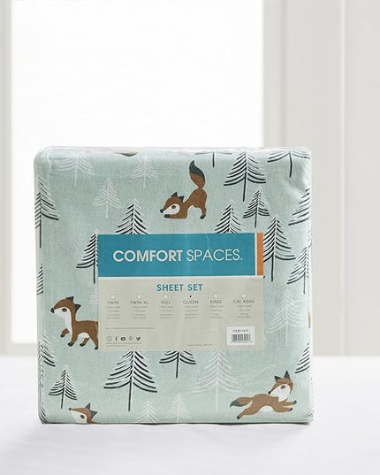 Comfort Spaces Cotton Flannel Breathable Warm Deep Pocket Sheets with Pillow Case Bedding, Twin, Seafoam Foxes 3 Piece - LeafyLoom