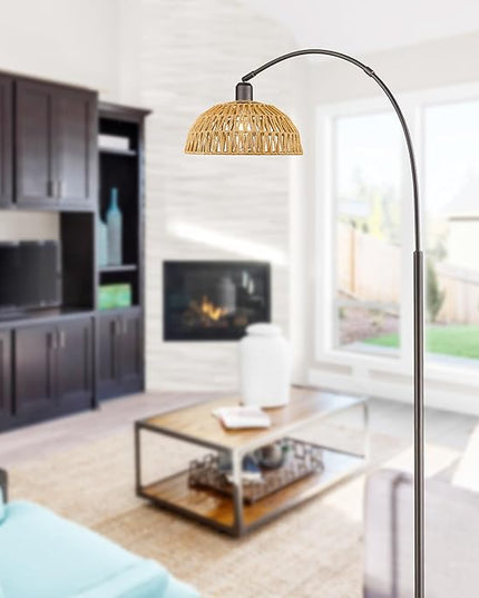 Rattan Floor Lamp, Retro Boho Arc Standing Lamp with Remote Control and LED BuLB Farmhouse Bamboo Lamp Shade Floor Light Industrial Tall Lamp (Oil Rubbed Bronze) - LeafyLoom
