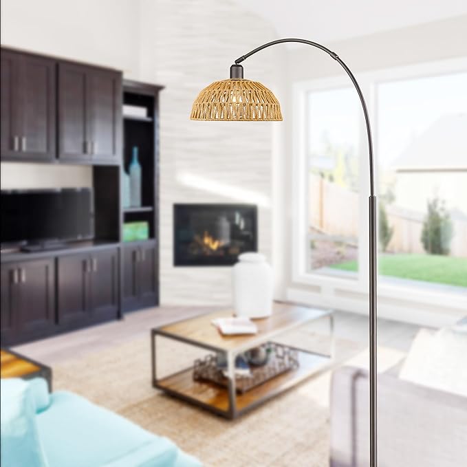 Rattan Floor Lamp, Retro Boho Arc Standing Lamp with Remote Control and LED BuLB Farmhouse Bamboo Lamp Shade Floor Light Industrial Tall Lamp (Oil Rubbed Bronze) - LeafyLoom