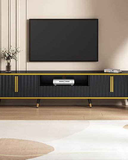 Merax Luxury Minimalism TV Stand with Open Storage Shelf, Cabinets and Drawers, Entertainment Center for Televisions Up to 85", Black - LeafyLoom