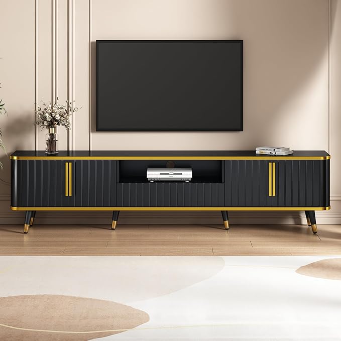 Merax Luxury Minimalism TV Stand with Open Storage Shelf, Cabinets and Drawers, Entertainment Center for Televisions Up to 85", Black - LeafyLoom