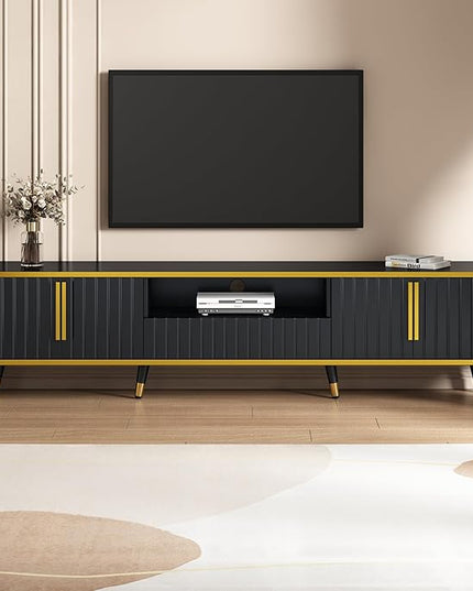 TV Stand with Open Storage Shelf and 2 Cabinets, 79" Luxury Minimalism Television Stands with Drawers and Unique Legs, TV Console Cabinet for for Living Room, Easy Assembly, Gold+Black - LeafyLoom