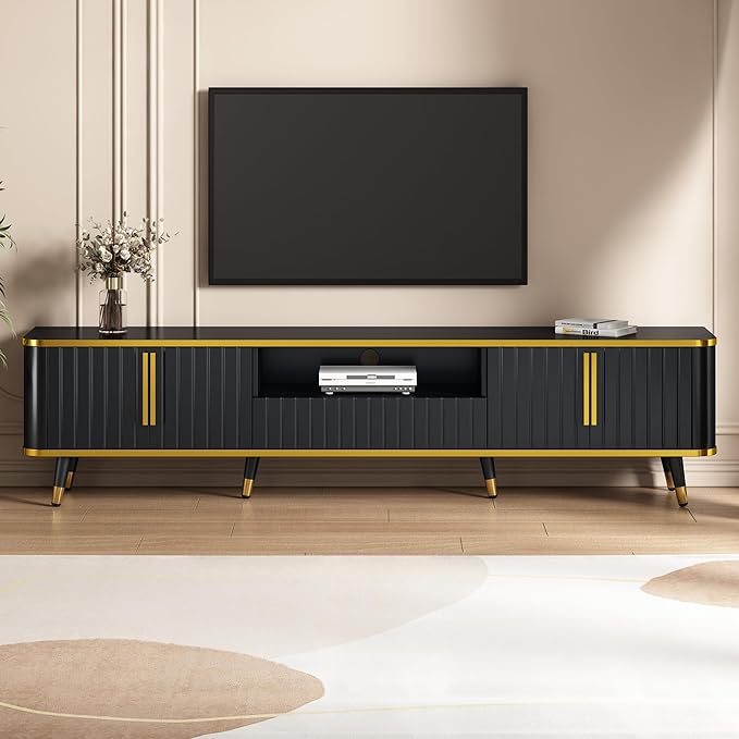 TV Stand with Open Storage Shelf and 2 Cabinets, 79" Luxury Minimalism Television Stands with Drawers and Unique Legs, TV Console Cabinet for for Living Room, Easy Assembly, Gold+Black - LeafyLoom