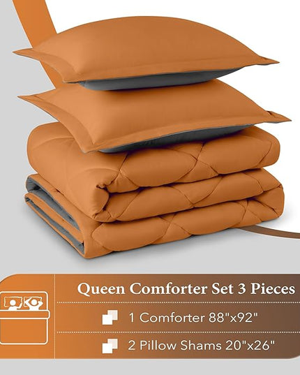downluxe Queen Comforter Set - Burnt Orange and Grey Queen Comforter, Soft Bedding Sets for All Seasons -3 Pieces - 1 Comforter (88"x92") and 2 Pillow Shams(20"x26") - LeafyLoom
