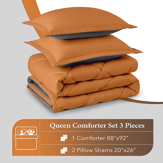 downluxe Queen Comforter Set - Burnt Orange and Grey Queen Comforter, Soft Bedding Sets for All Seasons -3 Pieces - 1 Comforter (88"x92") and 2 Pillow Shams(20"x26") - LeafyLoom