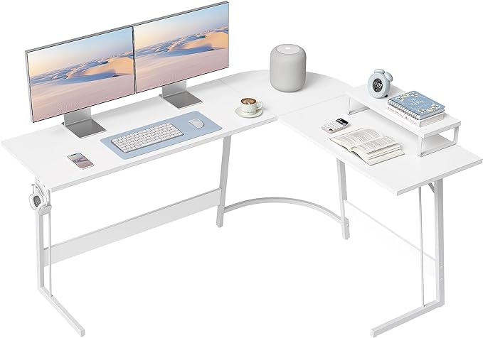 BANTI L Shaped Gaming Desk Computer Office Desk, 59 inch Corner Desk with Large Monitor Stand for Home Office Study Writing Workstation, White - LeafyLoom
