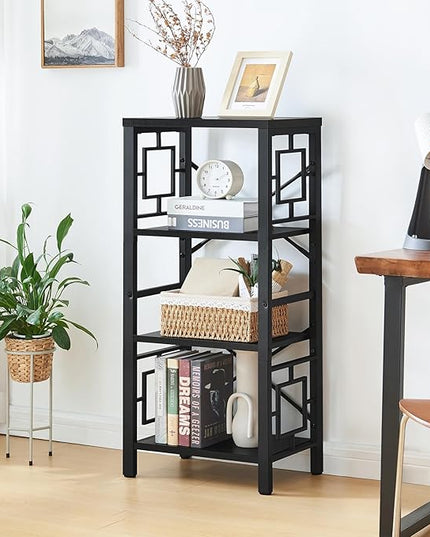 Bookshelf, Vintage Industrial 4 Tier Bookshelf, Freestanding Narrow Bookcase with Rustic Wood and Metal, Small Bookshelf for Home Office, Bedroom & Living Room, Black - LeafyLoom