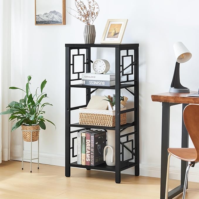 Bookshelf, Vintage Industrial 4 Tier Bookshelf, Freestanding Narrow Bookcase with Rustic Wood and Metal, Small Bookshelf for Home Office, Bedroom & Living Room, Black - LeafyLoom