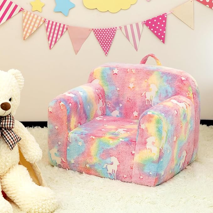ALIMORDEN Kids Ultra-Soft Snuggle Foam Filled Chair, Cuddly Sherpa Reading Couch for Boys and Girls,Glow-in-The-Dark Unicorn Pattern - LeafyLoom