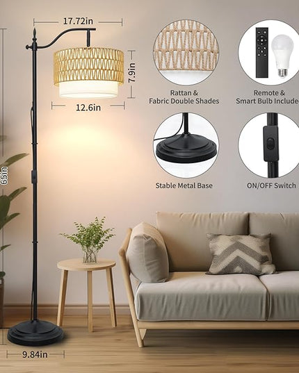 Frideko Rattan Floor Lamp with Remote Control & Dimmable LED Bulb, Boho Standing Lamp with 3 Color Temperatures, Bright Farmhouse Floor Light, Rustic Corner Floor Lamp, Tall Floor Lamp for Living Room - LeafyLoom