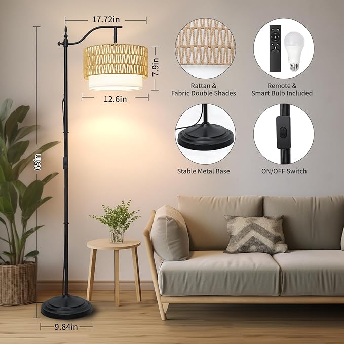 Frideko Rattan Floor Lamp with Remote Control & Dimmable LED Bulb, Boho Standing Lamp with 3 Color Temperatures, Bright Farmhouse Floor Light, Rustic Corner Floor Lamp, Tall Floor Lamp for Living Room - LeafyLoom