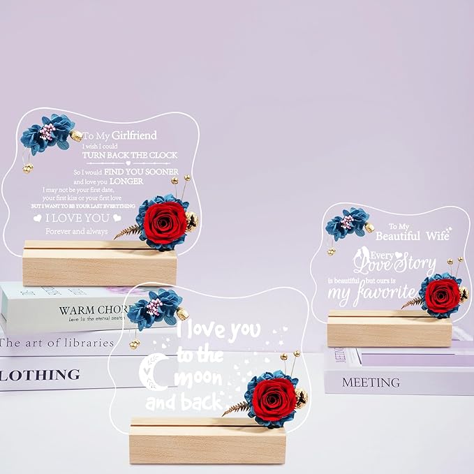 Yamonic Valentines Day Gifts for Her, Handmade Acrylic Plaque with Eternal Real Rose, Night Light with Preserved Rose Romantic Gifts for Girlfriend Wife Women (to My Girlfriend) - LeafyLoom