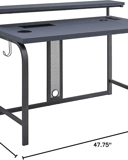 OSP Home Furnishings Reload Gaming Desk with Wireless Charging, USB Power Hub, and Remote Controlled RGB LED Lights, Matte Grey Carbon Fiber - LeafyLoom