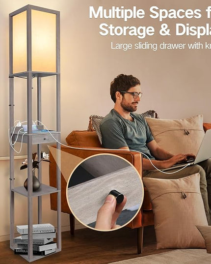 OUTON Deluxe Shelf Floor Lamp with 1 Drawer, 2 USB-C Ports, 2 AC Outlets, LED Modern Floor Lamp with 3 Color Temperature, Storage Display Wood Standing Lamp for Living Room, Bedroom, Office (Grey) - LeafyLoom