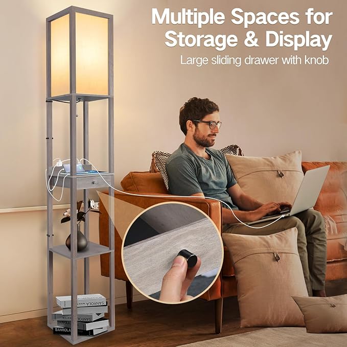 OUTON Deluxe Shelf Floor Lamp with 1 Drawer, 2 USB-C Ports, 2 AC Outlets, LED Modern Floor Lamp with 3 Color Temperature, Storage Display Wood Standing Lamp for Living Room, Bedroom, Office (Grey) - LeafyLoom