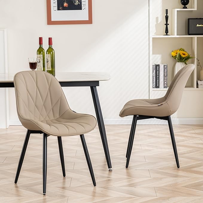 YOUNIKE Dining Chairs Set of 2, Khaki Comfy Padded Kitchen Chairs, Armless Modern Faux Leather Upholstered Dining Room Chairs, Elegant Dinning Chairs Side Chairs, Loads up to 300LBS - LeafyLoom
