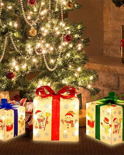 [Large 8.5"x7"x6" Christmas Set of 3 Lighted Gift Boxes Decorations Pre-lit 70 Super-Bright LED with Flashers,for Indoor Outdoor Christmas Tree Skirt Ornament Pathway Holiday Party Home GLOWNOVA